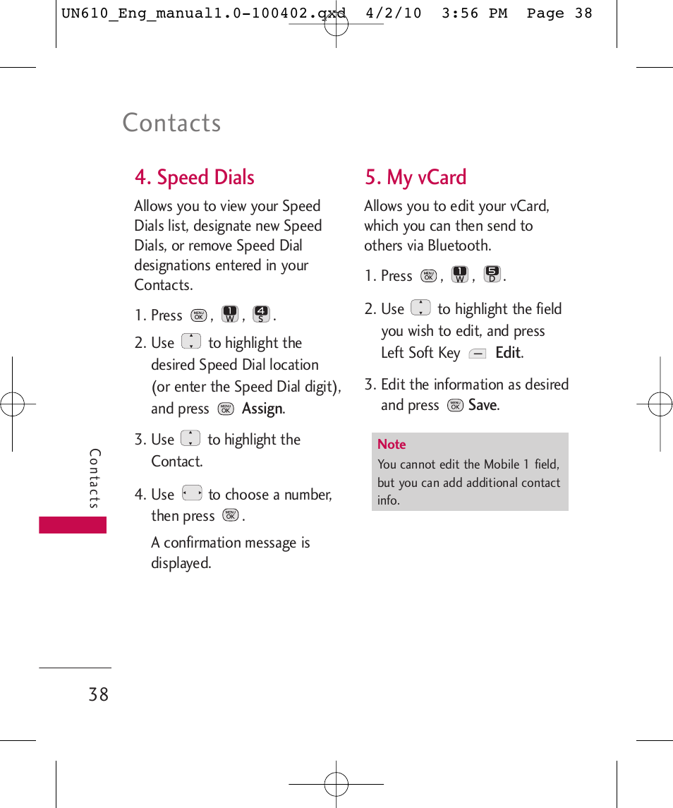 Contacts, Speed dials, My vcard | LG UN610 User Manual | Page 40 / 266