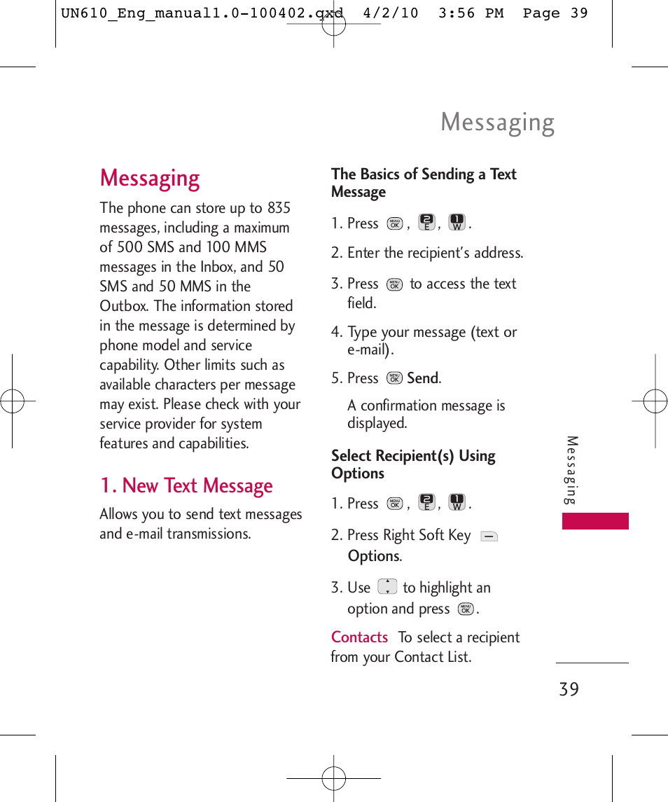 Messaging, New text message | LG UN610 User Manual | Page 41 / 266