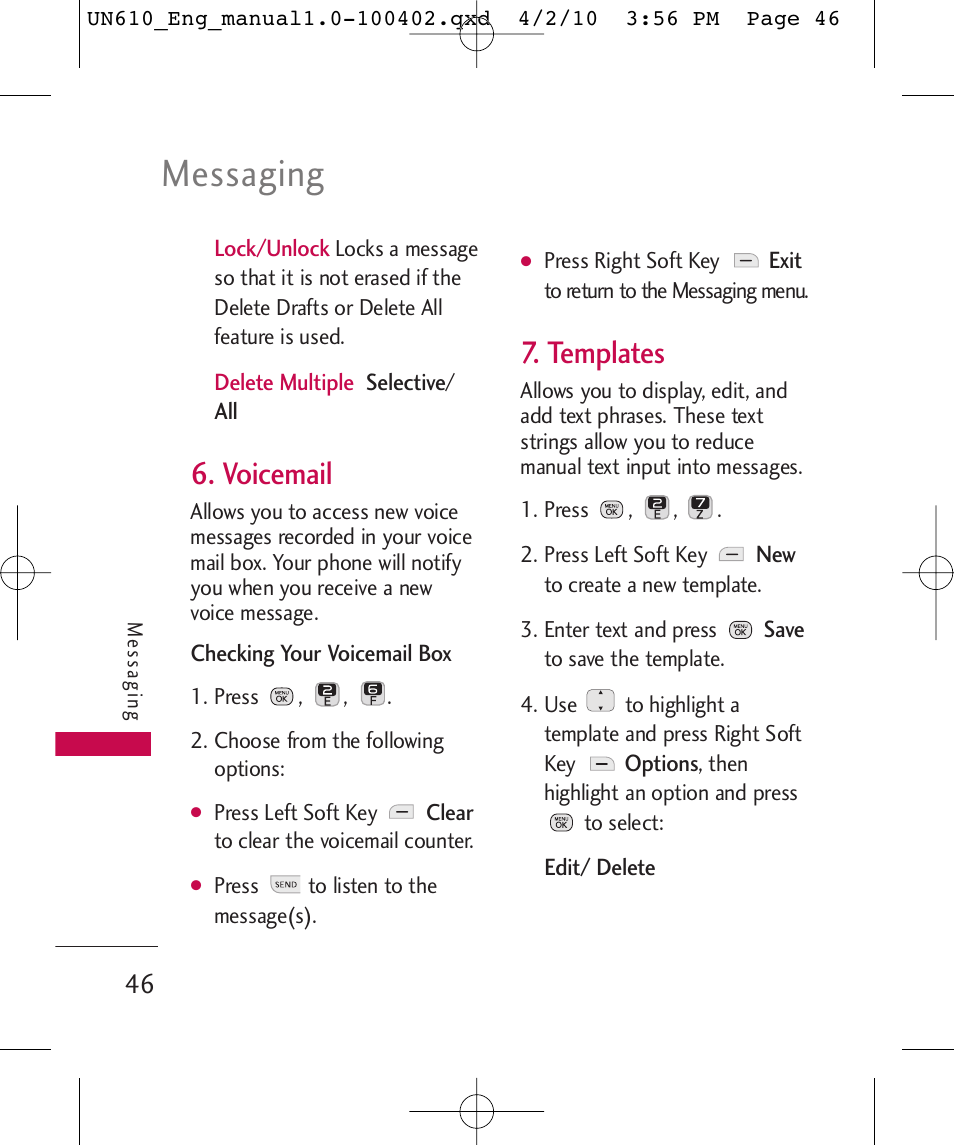 Messaging, Voicemail, Templates | LG UN610 User Manual | Page 48 / 266