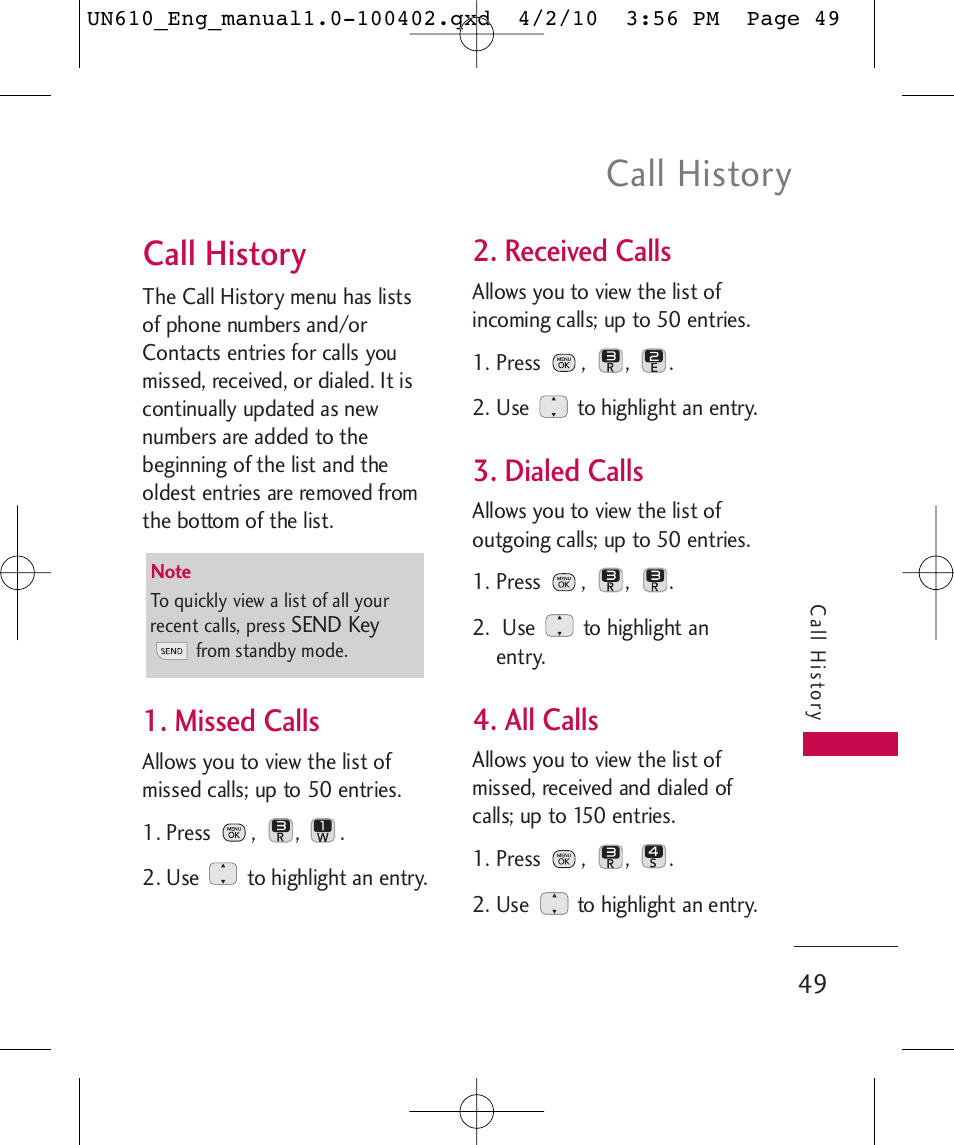 Call history, Missed calls, Received calls | Dialed calls, All calls | LG UN610 User Manual | Page 51 / 266