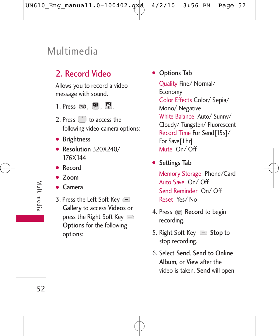 Multimedia, Record video | LG UN610 User Manual | Page 54 / 266