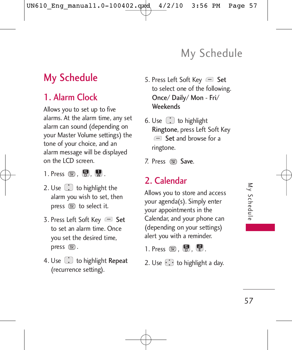 My schedule, Alarm clock, Calendar | LG UN610 User Manual | Page 59 / 266