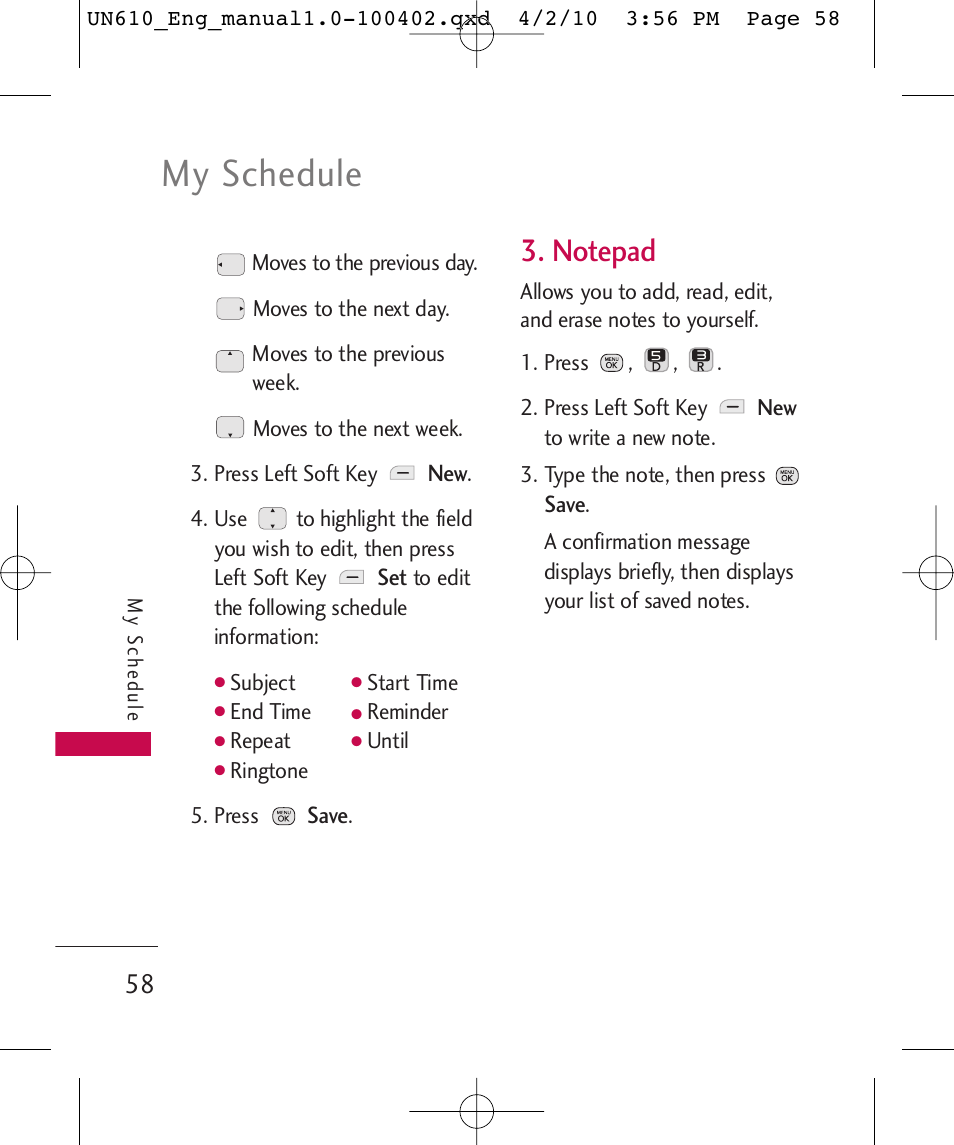 My schedule | LG UN610 User Manual | Page 60 / 266