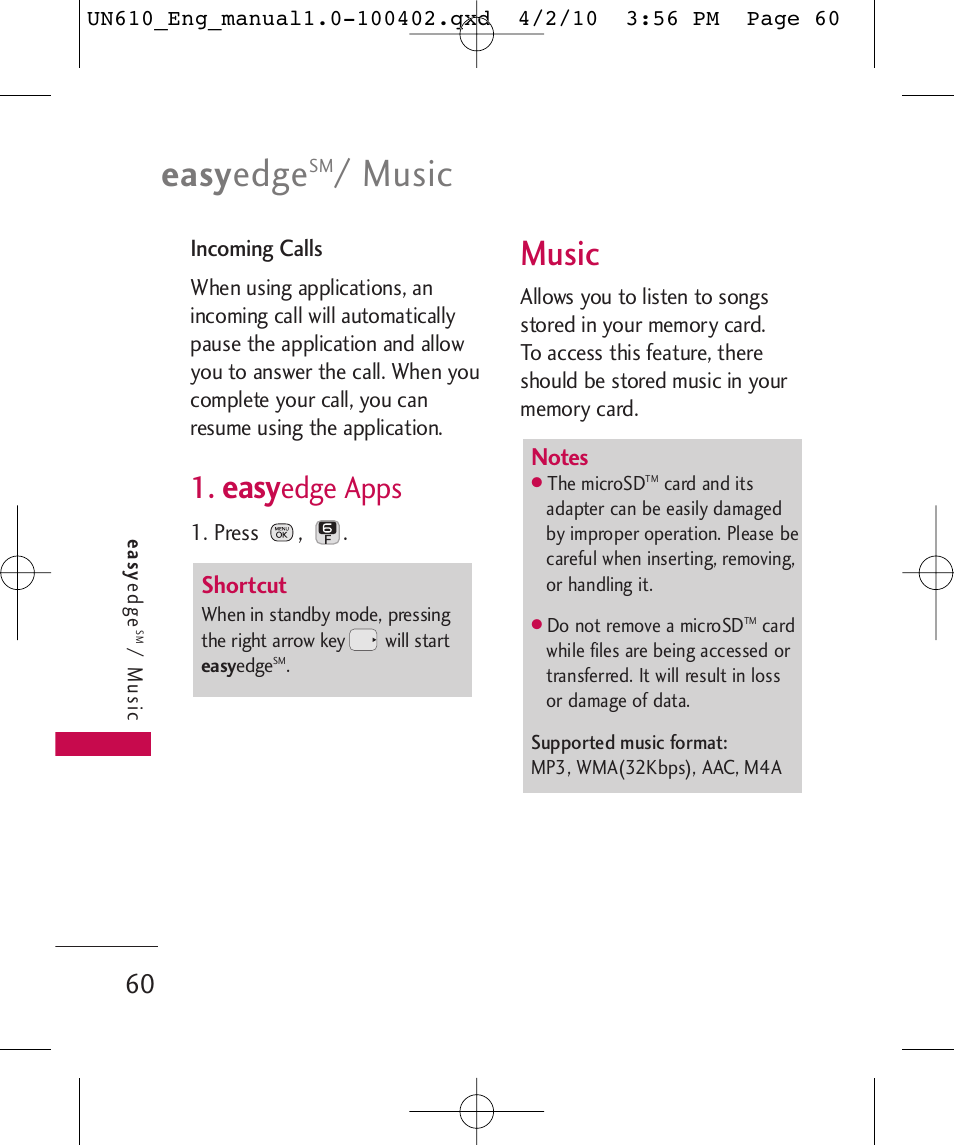 Easy edge, Music, Easy | Edge apps | LG UN610 User Manual | Page 62 / 266