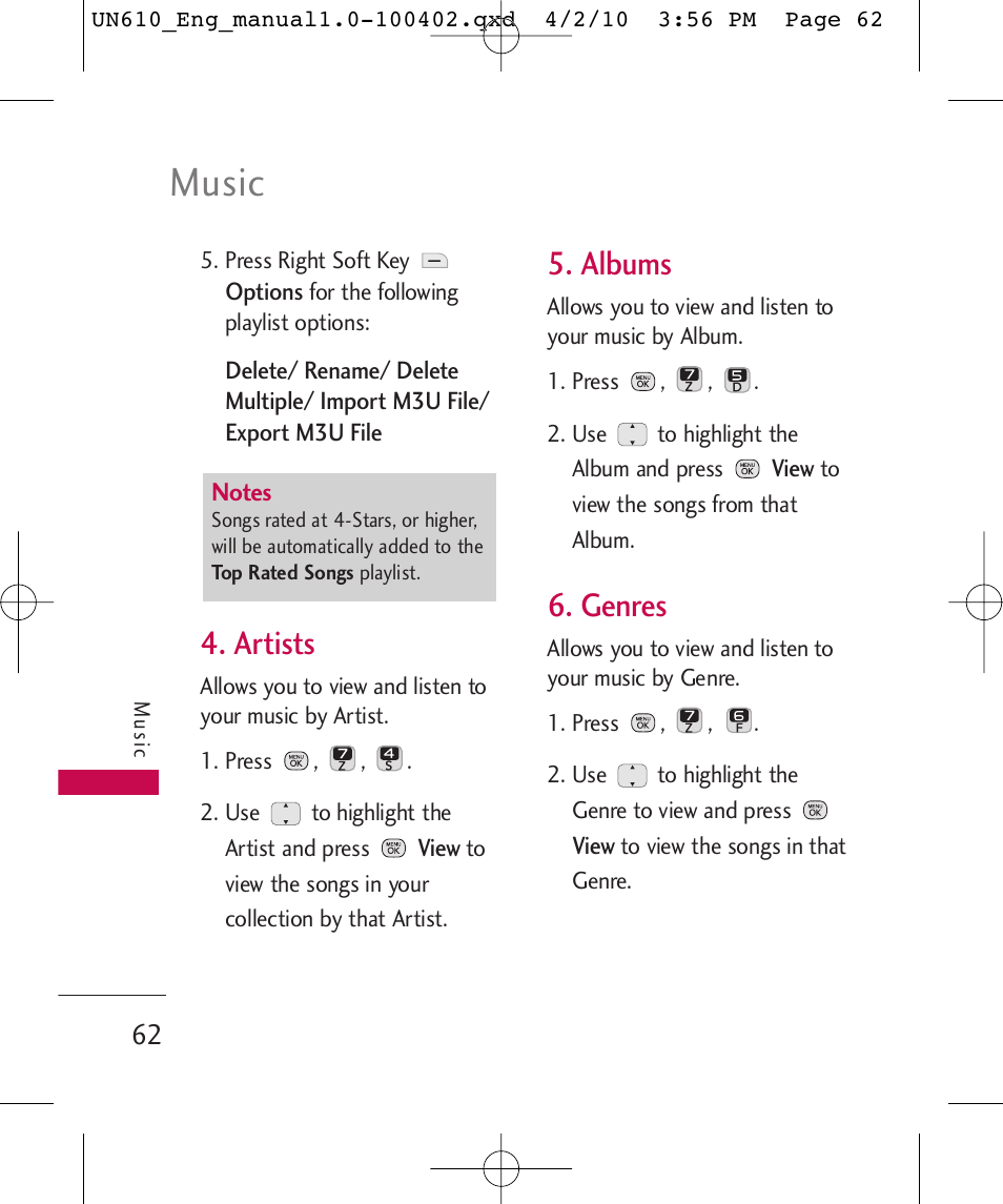 Music, Artists, Albums | Genres | LG UN610 User Manual | Page 64 / 266