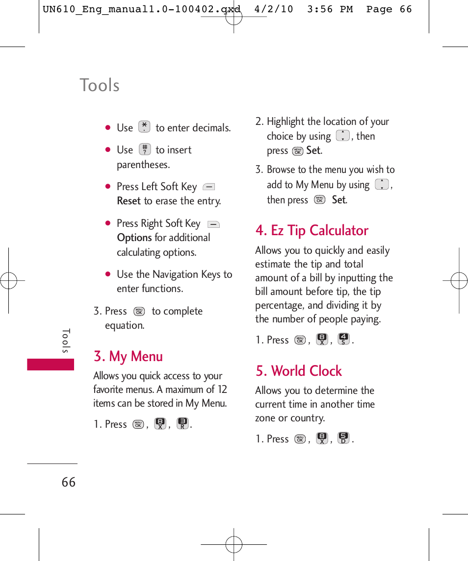 Tools, My menu, Ez tip calculator | World clock | LG UN610 User Manual | Page 68 / 266