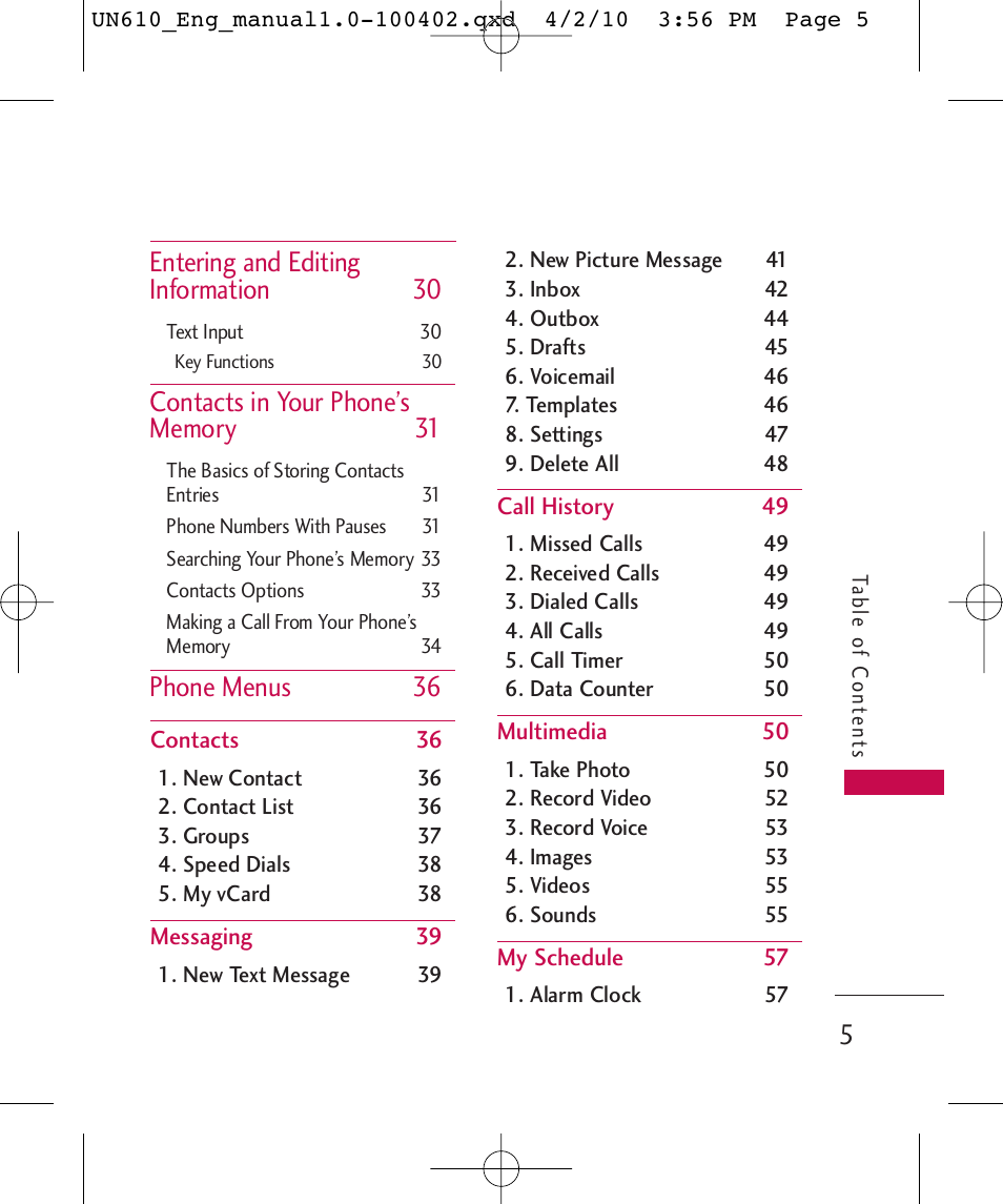 Entering and editing information 30, Phone menus 36 | LG UN610 User Manual | Page 7 / 266