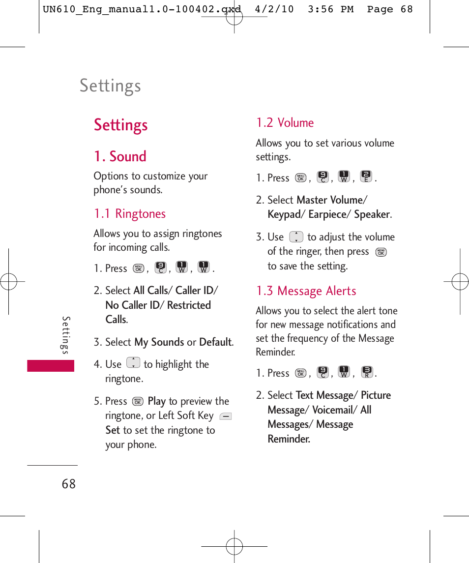 Settings, Sound, 1 ringtones | 2 volume, 3 message alerts | LG UN610 User Manual | Page 70 / 266