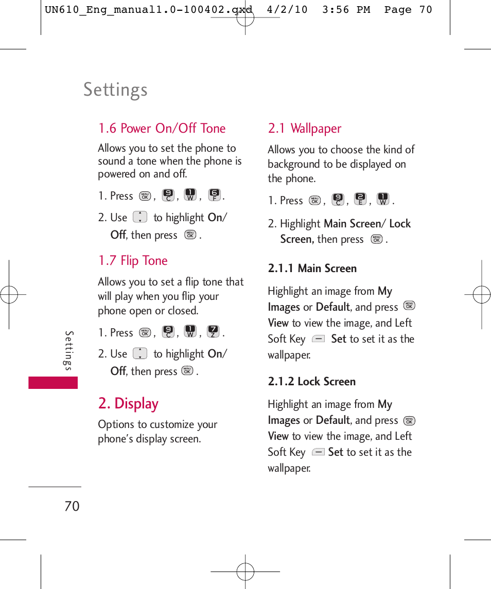 Settings, Display, 6 power on/off tone | 7 flip tone, 1 wallpaper | LG UN610 User Manual | Page 72 / 266