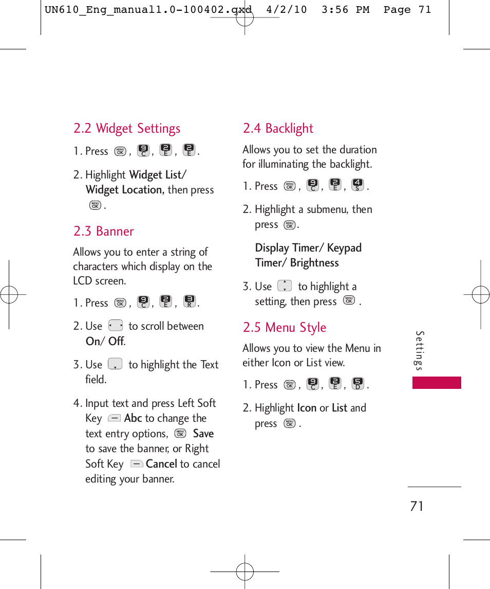 2 widget settings, 3 banner, 4 backlight | 5 menu style | LG UN610 User Manual | Page 73 / 266