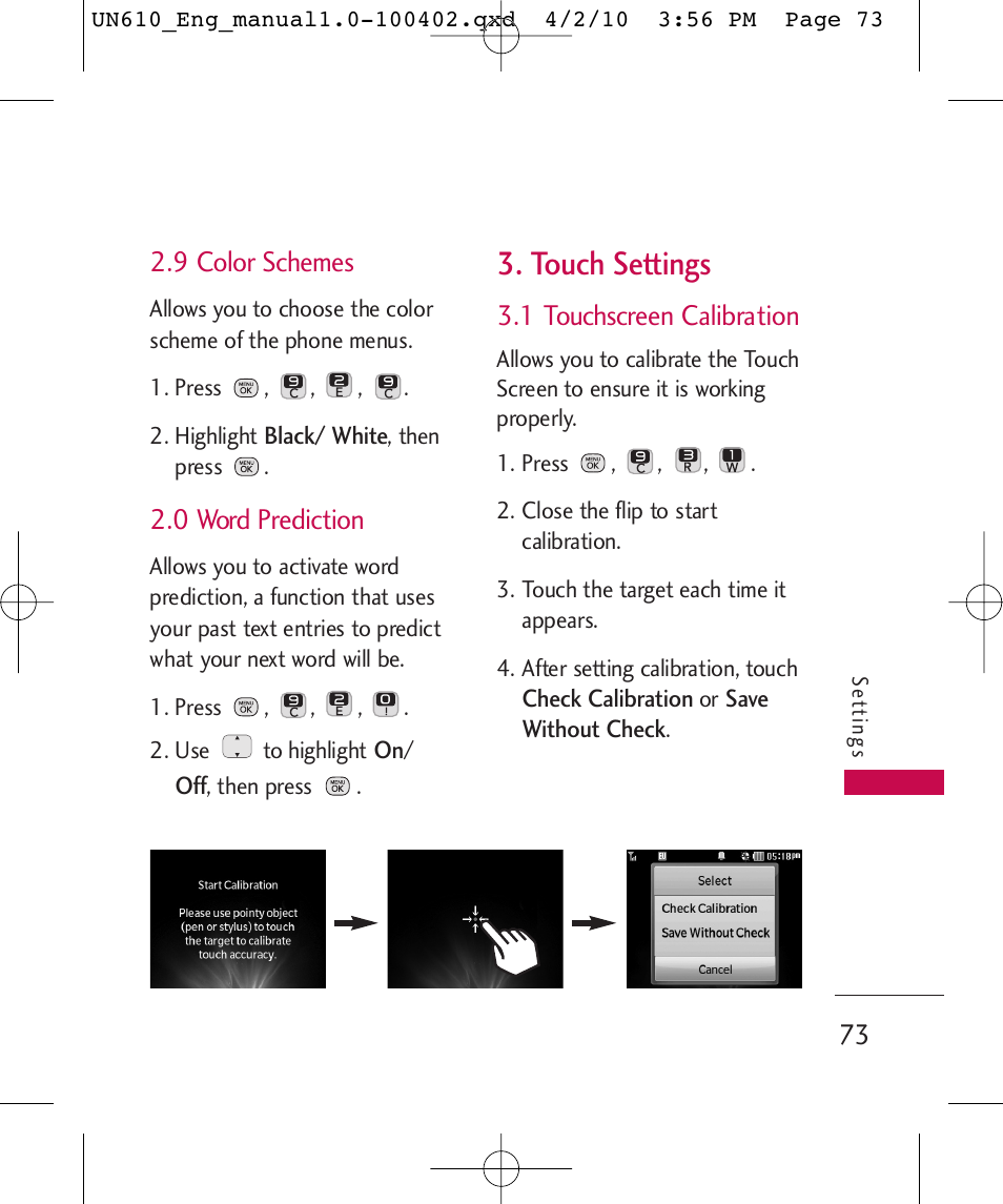 Touch settings, 9 color schemes, 0 word prediction | 1 touchscreen calibration | LG UN610 User Manual | Page 75 / 266