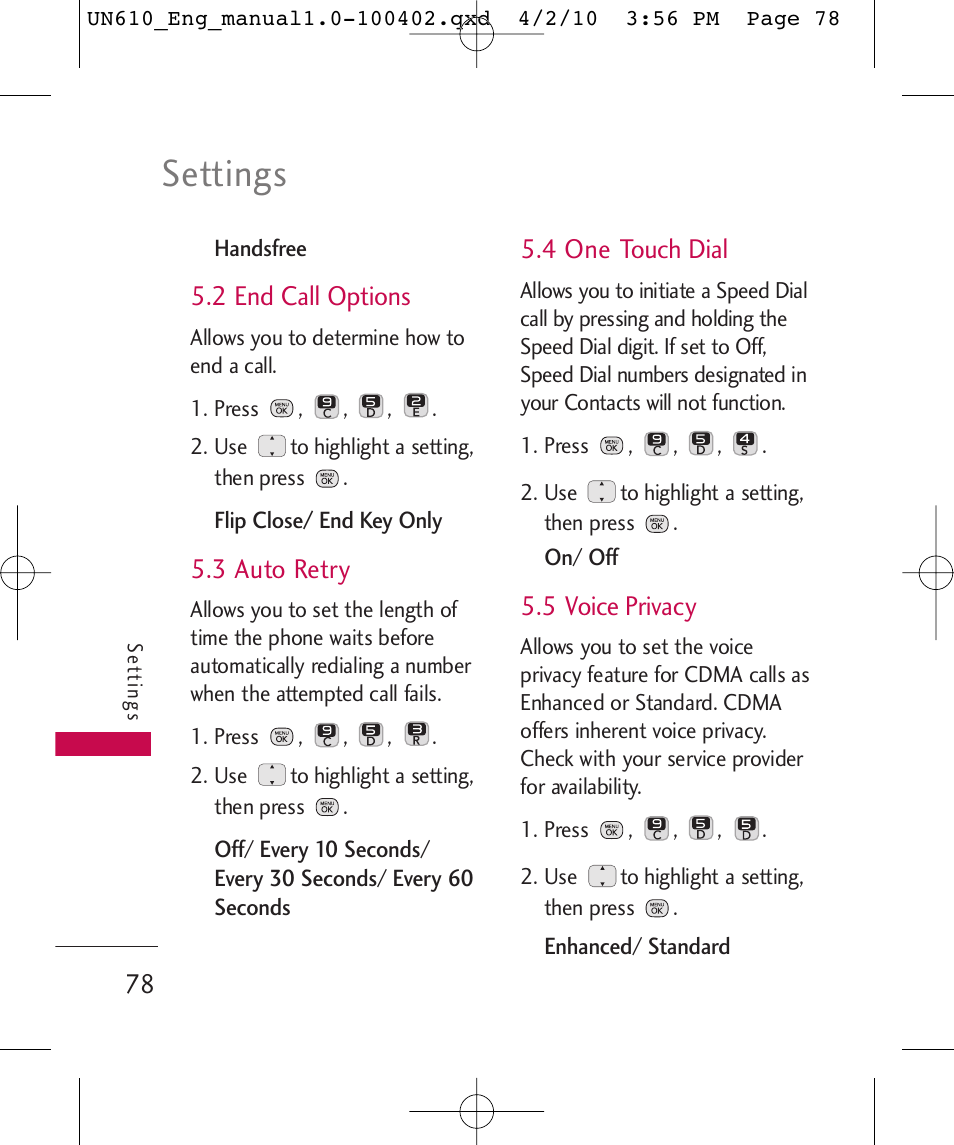 Settings, 2 end call options, 3 auto retry | 4 one touch dial, 5 voice privacy | LG UN610 User Manual | Page 80 / 266