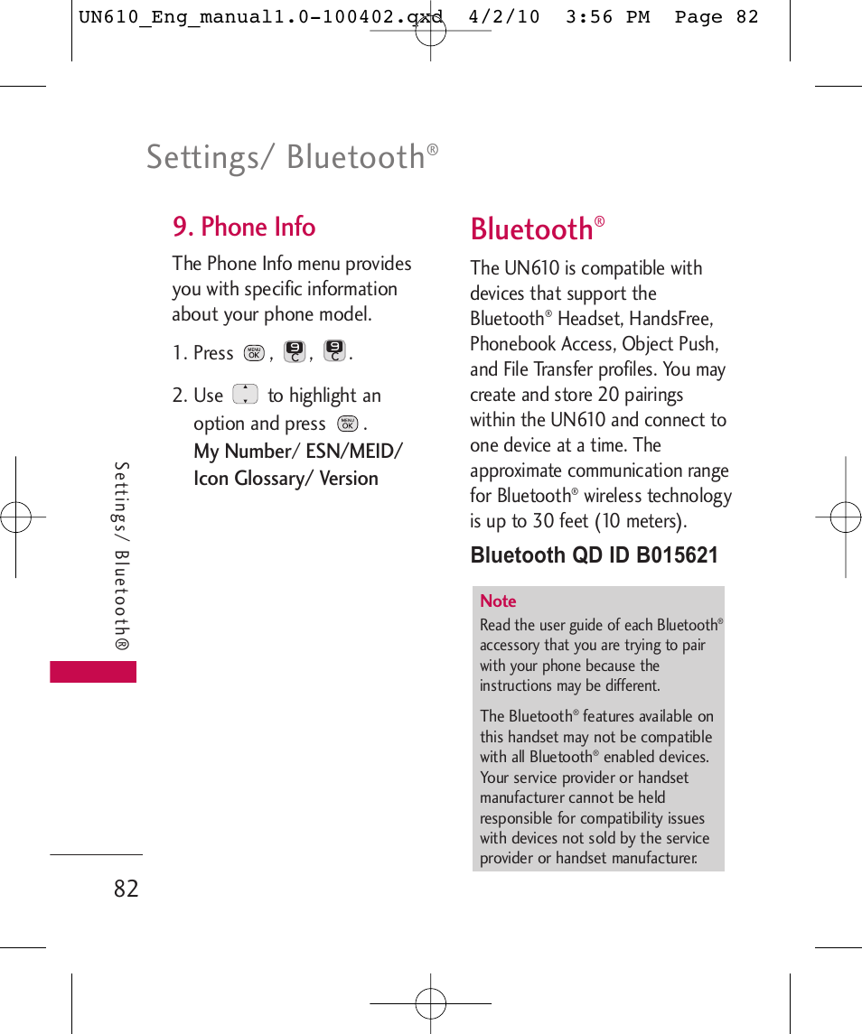 Settings/ bluetooth, Bluetooth, Phone info | LG UN610 User Manual | Page 84 / 266