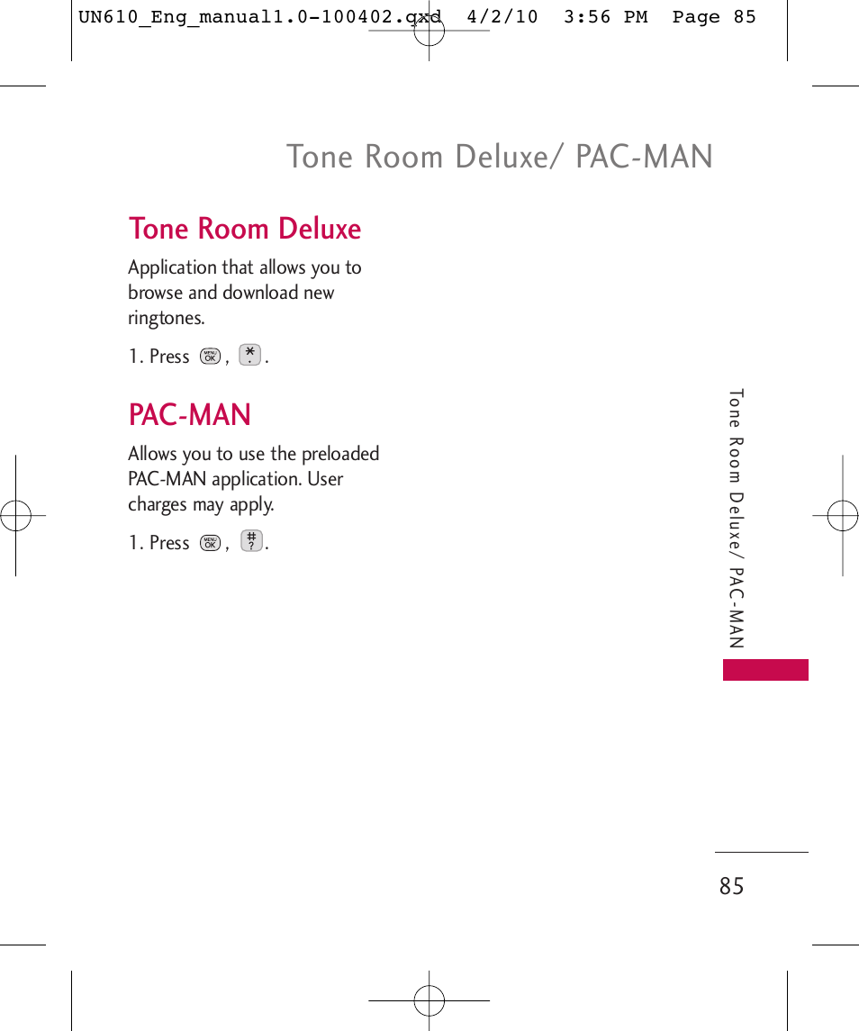 Tone room deluxe/ pac-man, Tone room deluxe, Pac-man | LG UN610 User Manual | Page 87 / 266