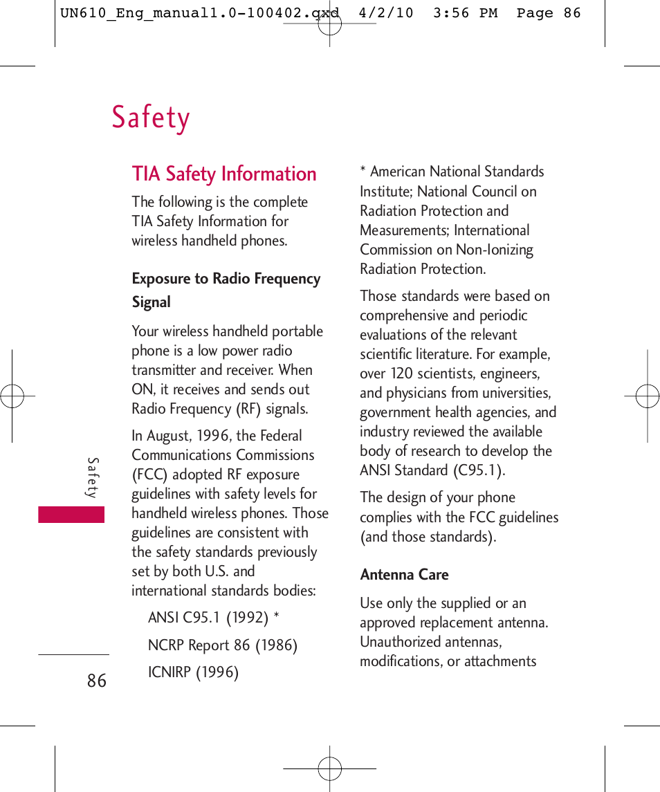 Safety, Tia safety information | LG UN610 User Manual | Page 88 / 266