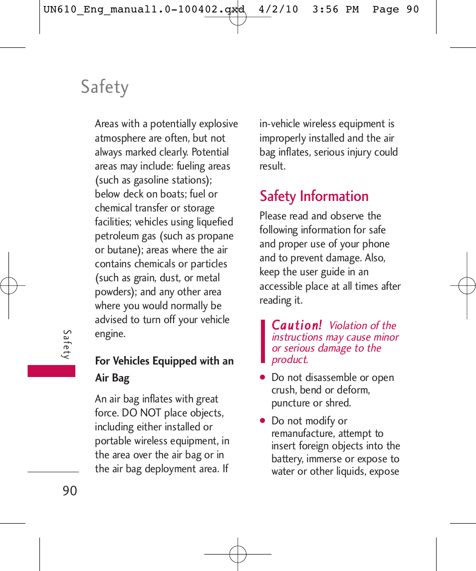 Safety, Safety information, Ccaauuttiioonn | LG UN610 User Manual | Page 92 / 266