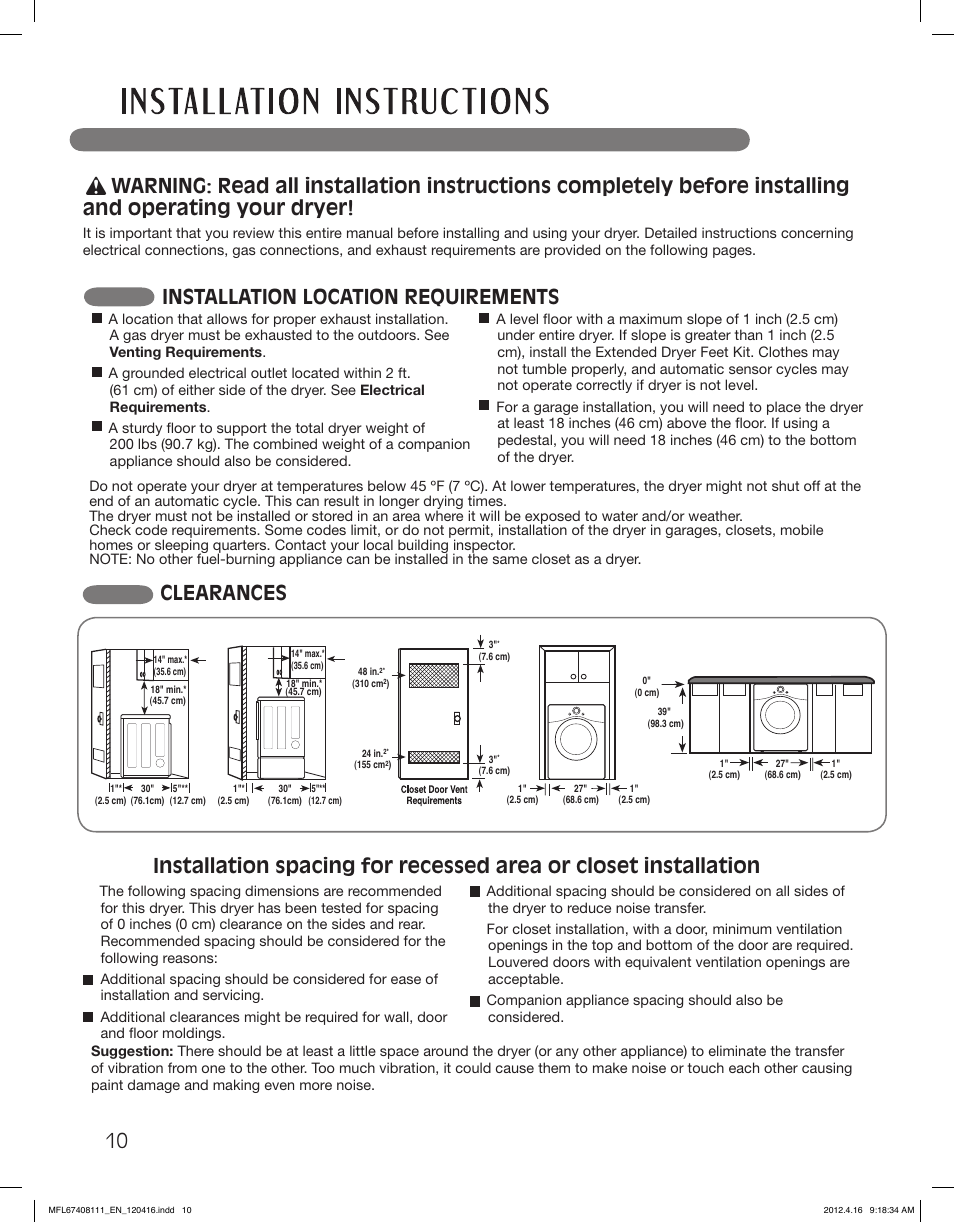Installation location requirements | LG DLGX2656V User Manual | Page 10 / 100