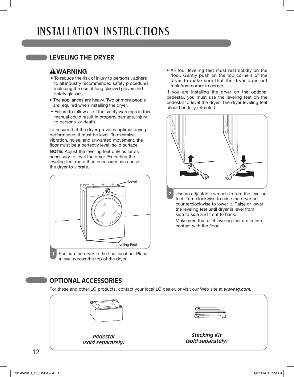 Optional accessories, Leveling the dryer, Warning | LG DLGX2656V User Manual | Page 12 / 100