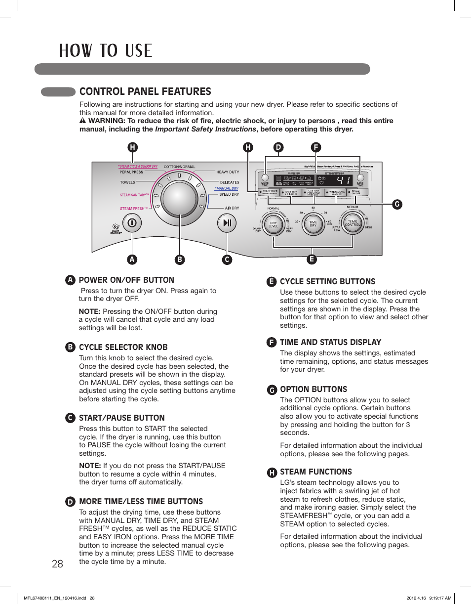 Control panel features | LG DLGX2656V User Manual | Page 28 / 100