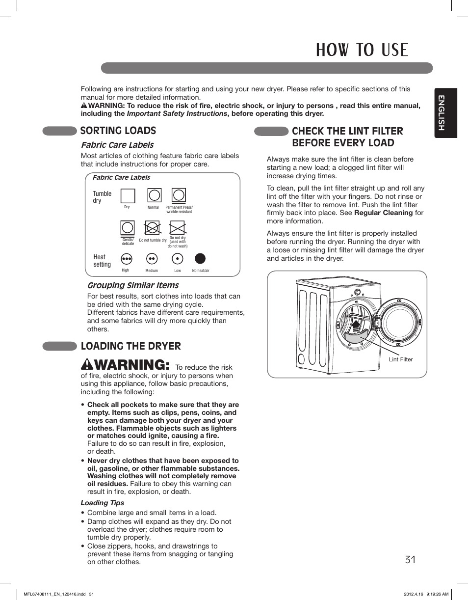 Wwarning, Sorting loads, Check the lint filter before every load | Loading the dryer | LG DLGX2656V User Manual | Page 31 / 100