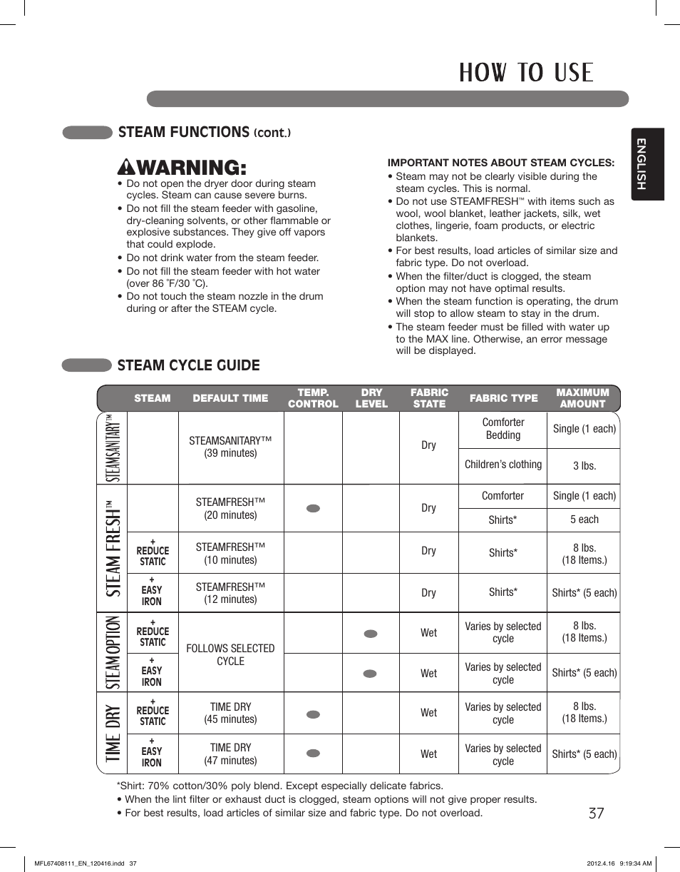 Wwarning, Steam cycle guide, Steam functions | LG DLGX2656V User Manual | Page 37 / 100