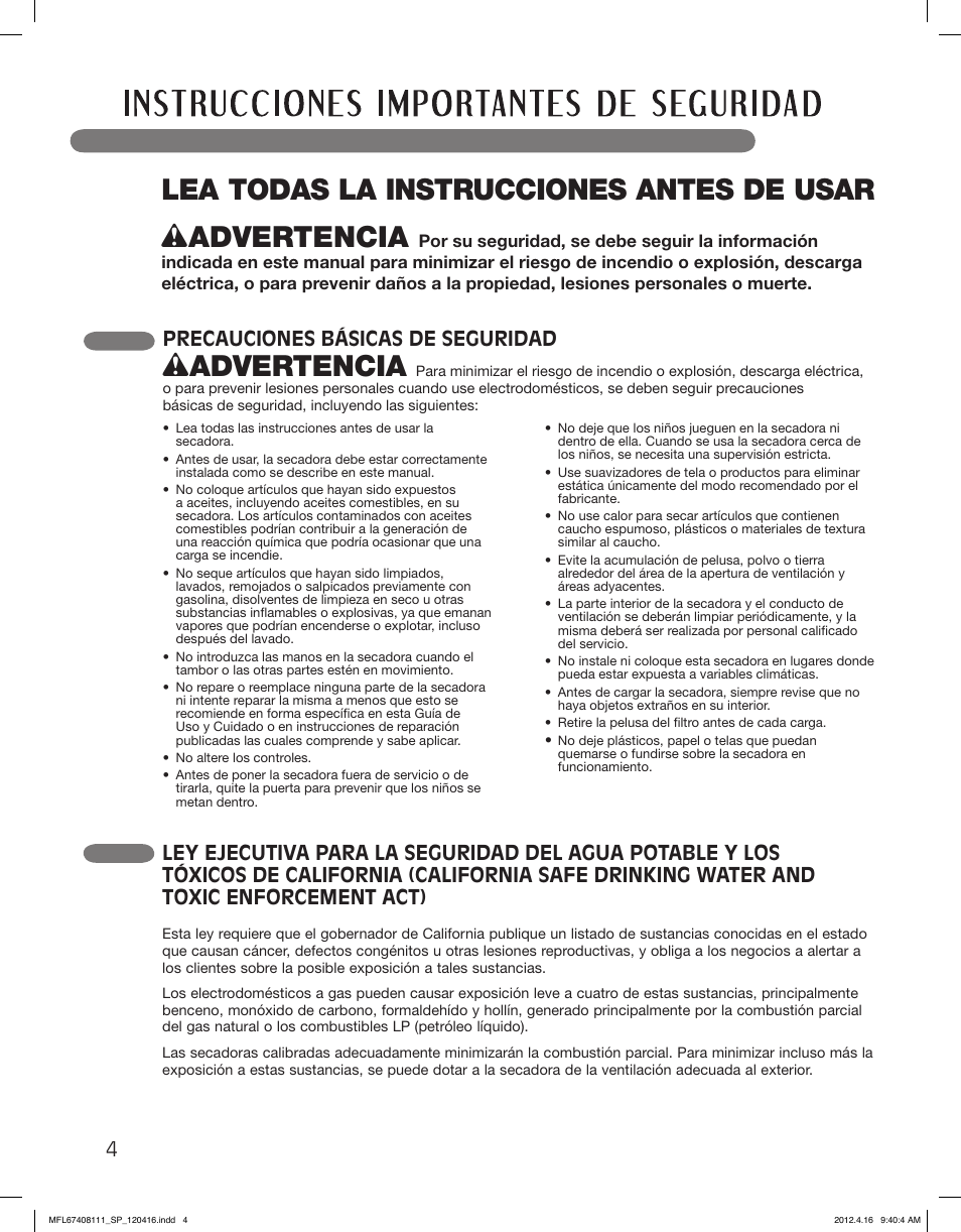 Wadvertencia, Precauciones básicas de seguridad | LG DLGX2656V User Manual | Page 52 / 100