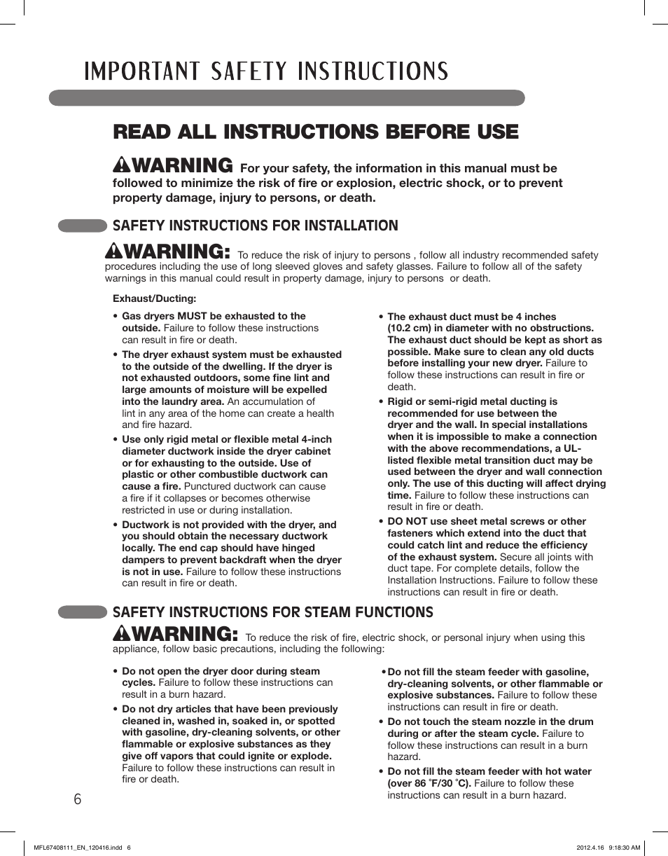Read all instructions before use, Wwarning, Safety instructions for installation | Safety instructions for steam functions | LG DLGX2656V User Manual | Page 6 / 100