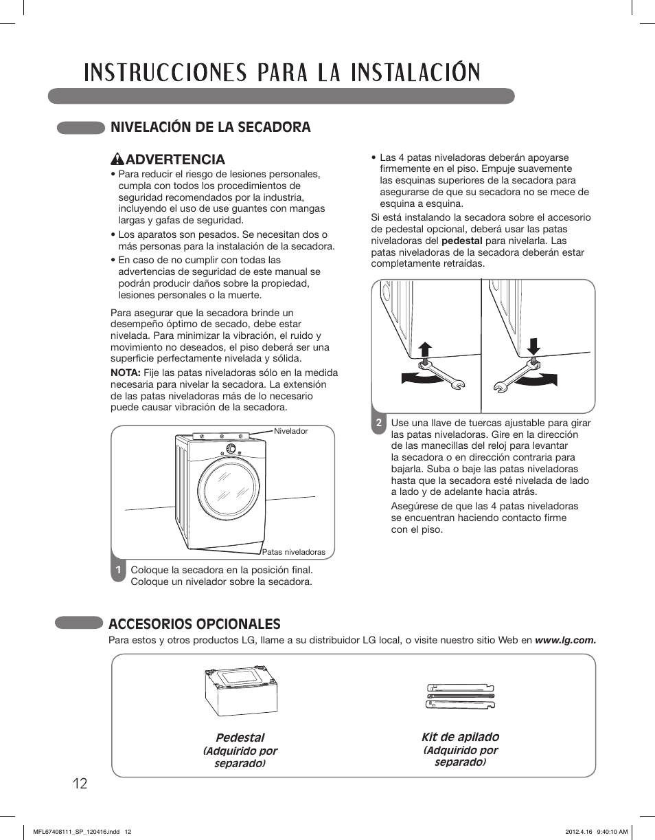 Nivelación de la secadora, Advertencia, 12 accesorios opcionales | LG DLGX2656V User Manual | Page 60 / 100