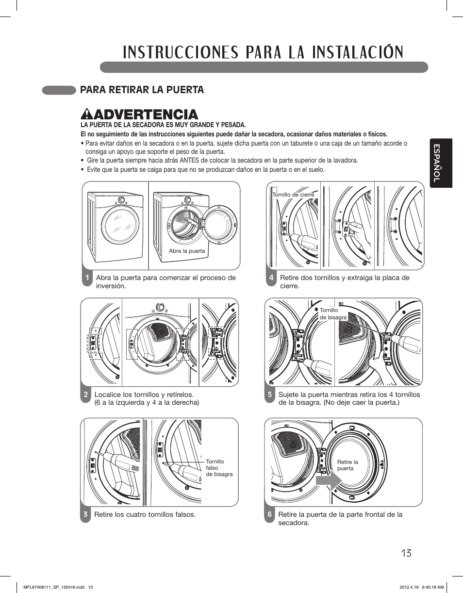 Wadvertencia, Para retirar la puerta | LG DLGX2656V User Manual | Page 61 / 100