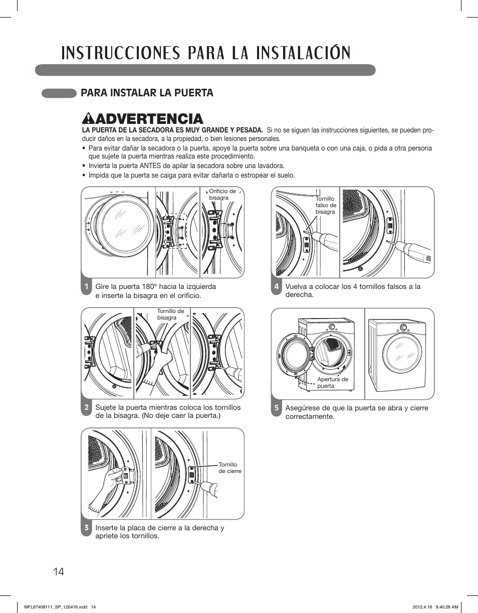 Wadvertencia, Para instalar la puerta | LG DLGX2656V User Manual | Page 62 / 100