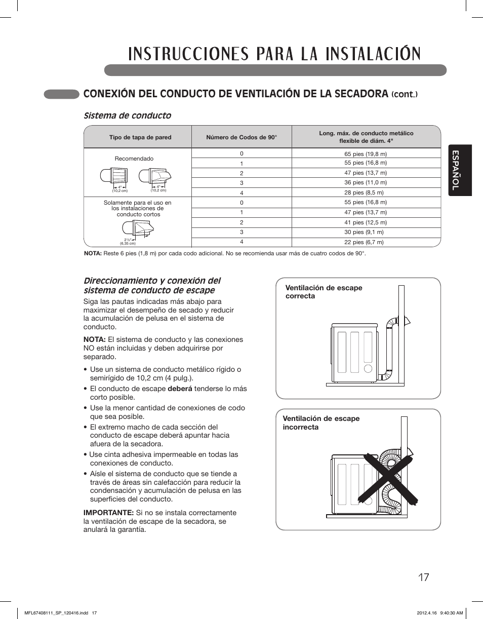 Esp anol, Sistema de conducto | LG DLGX2656V User Manual | Page 65 / 100