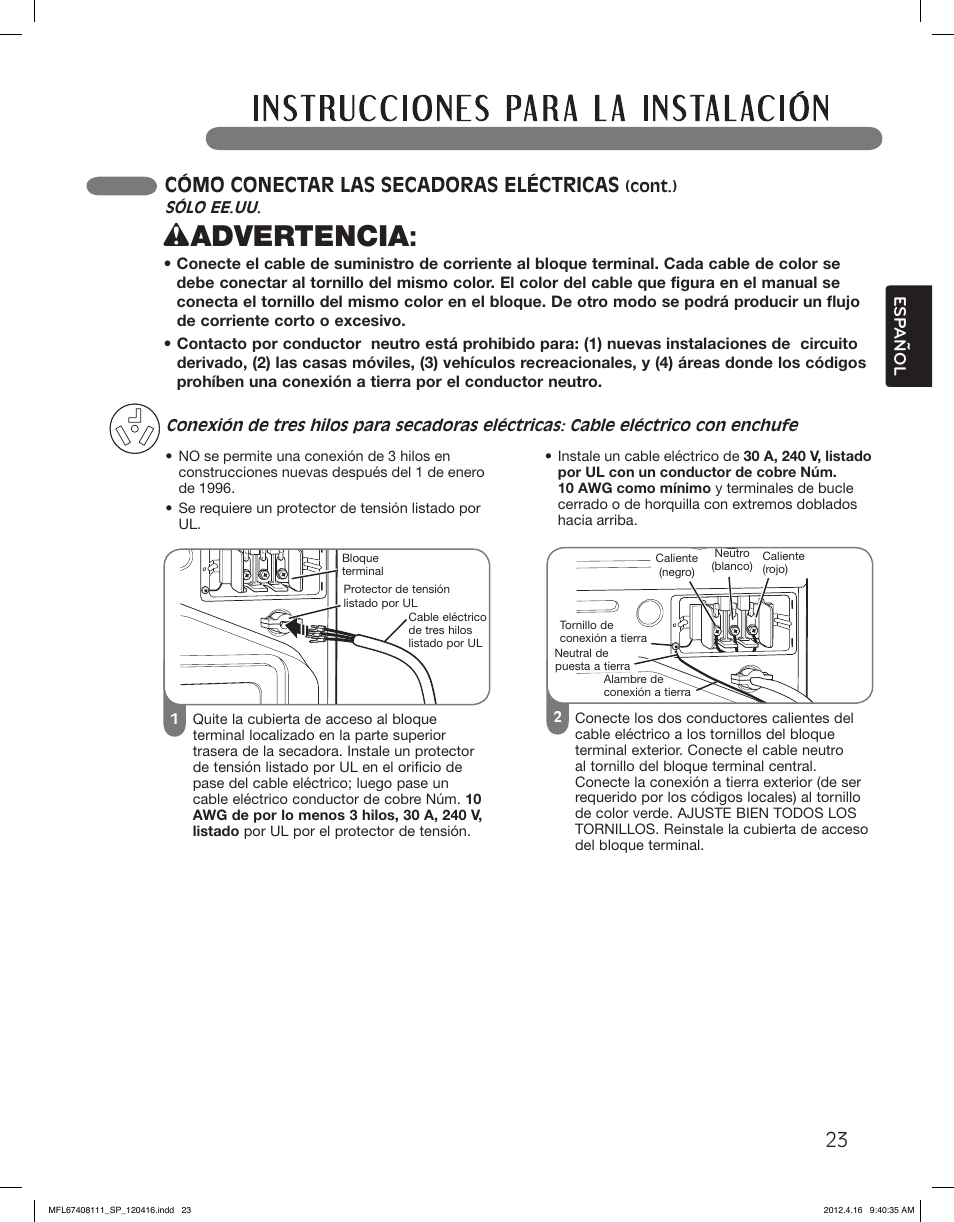 Wadvertencia, Cómo conectar las secadoras eléctricas | LG DLGX2656V User Manual | Page 71 / 100