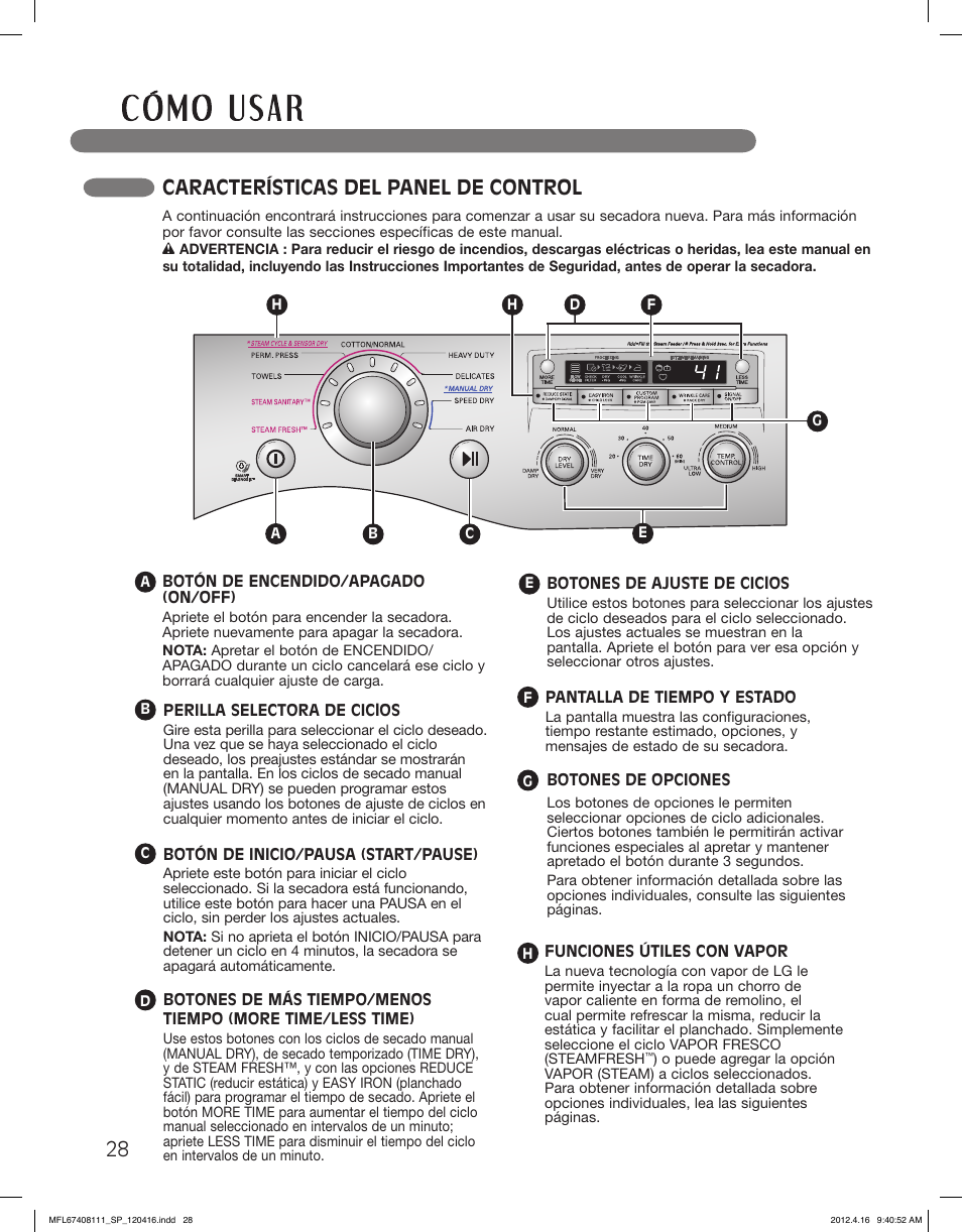 Características del panel de control | LG DLGX2656V User Manual | Page 76 / 100
