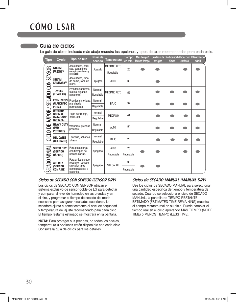 Guía de ciclos, Ciclos de secado con sensor (sensor dry), Ciclos de secado manual (manual dry) | LG DLGX2656V User Manual | Page 78 / 100
