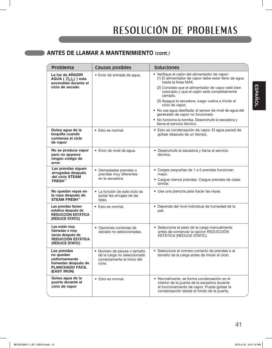 Antes de llamar a mantenimiento, Esp anol | LG DLGX2656V User Manual | Page 89 / 100