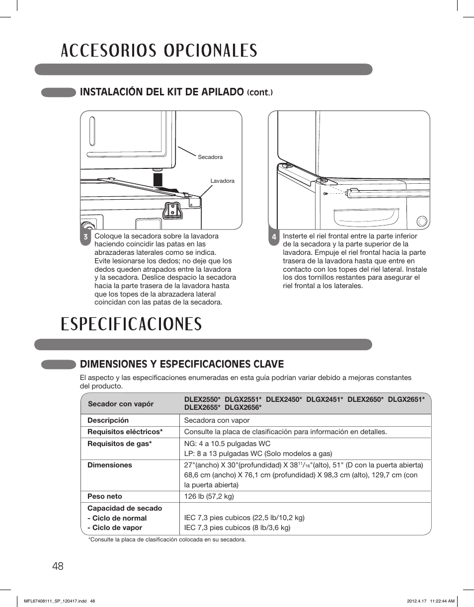 48 instalación del kit de apilado, Dimensiones y especificaciones clave | LG DLGX2656V User Manual | Page 96 / 100