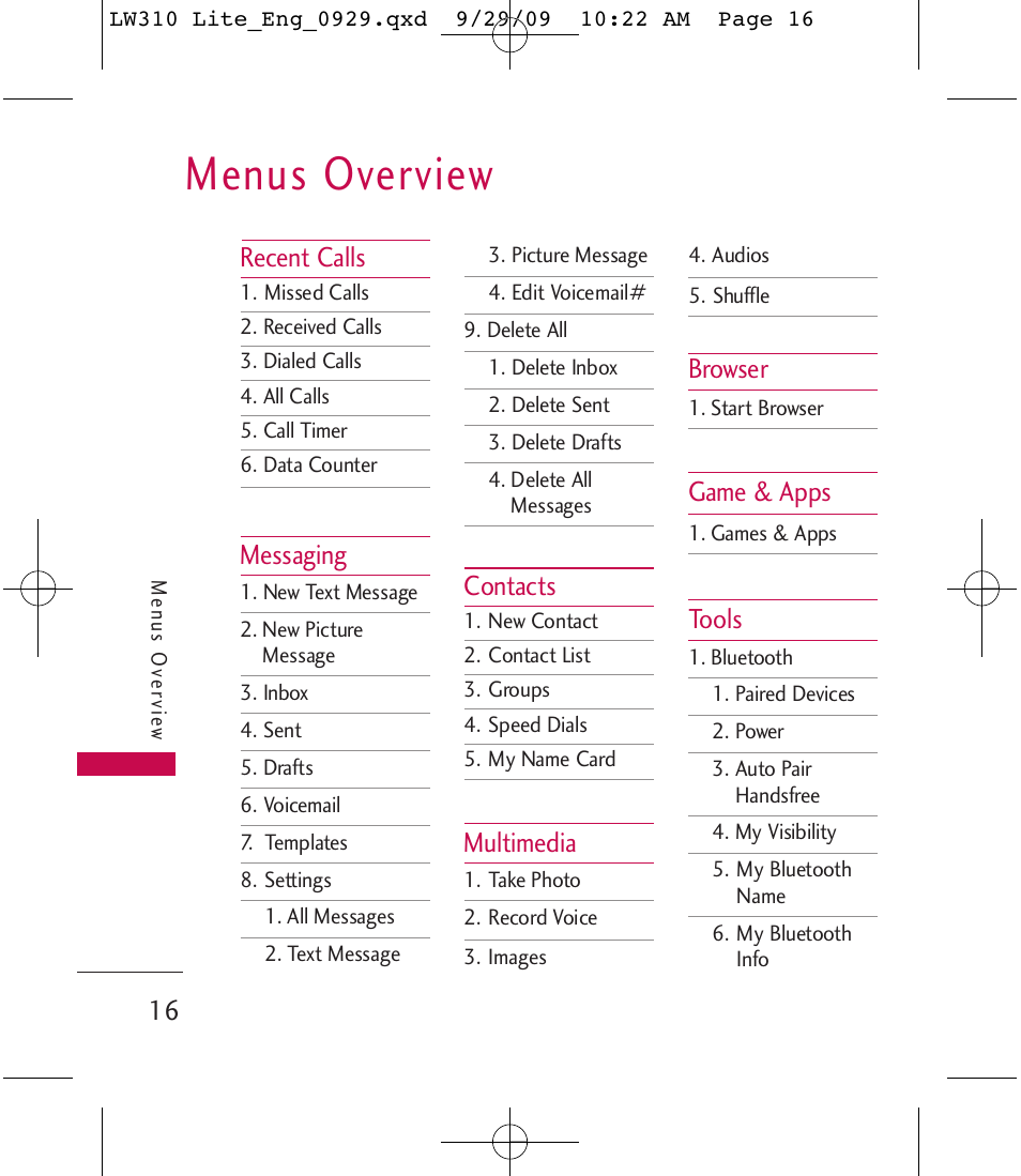 Menus overview, Recent calls, Messaging | Contacts, Multimedia, Browser, Game & apps, Tools | LG LGLW310 User Manual | Page 16 / 68