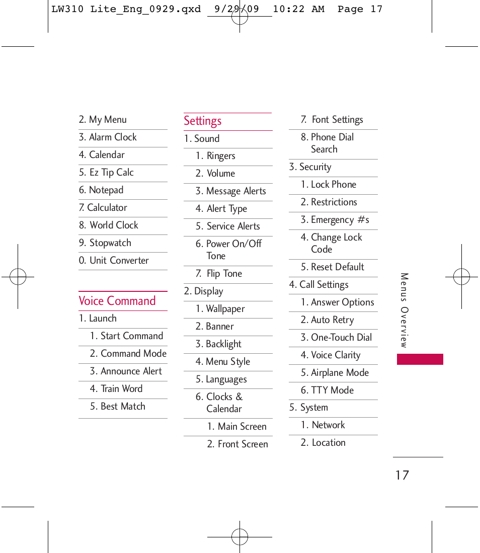 Voice command, Settings | LG LGLW310 User Manual | Page 17 / 68