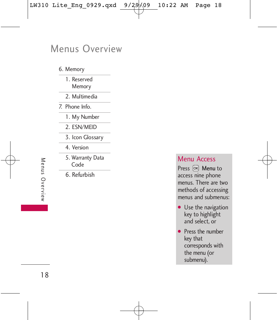 Menus overview, Menu access | LG LGLW310 User Manual | Page 18 / 68