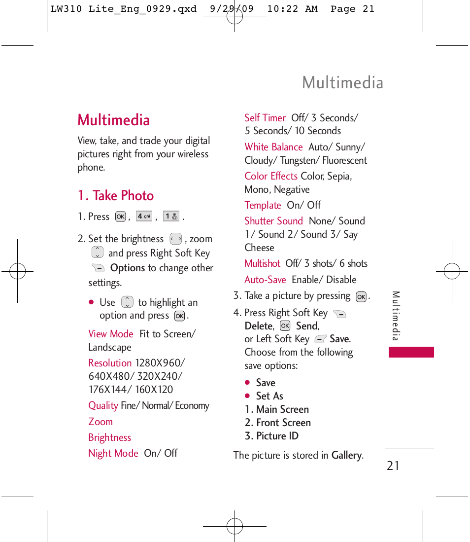 Multimedia, Take photo | LG LGLW310 User Manual | Page 21 / 68