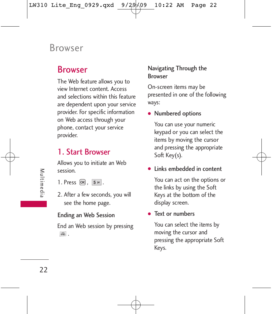 Browser, Start browser | LG LGLW310 User Manual | Page 22 / 68