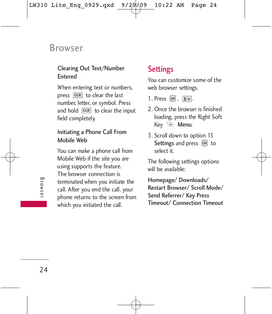 Browser, Settings | LG LGLW310 User Manual | Page 24 / 68