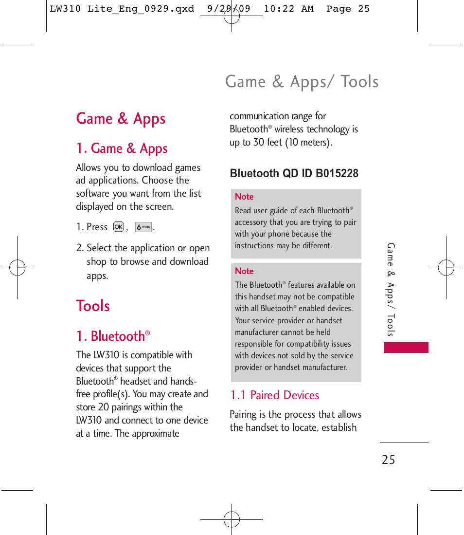 Game & apps/ tools, Game & apps, Tools | Bluetooth, 1 paired devices | LG LGLW310 User Manual | Page 25 / 68