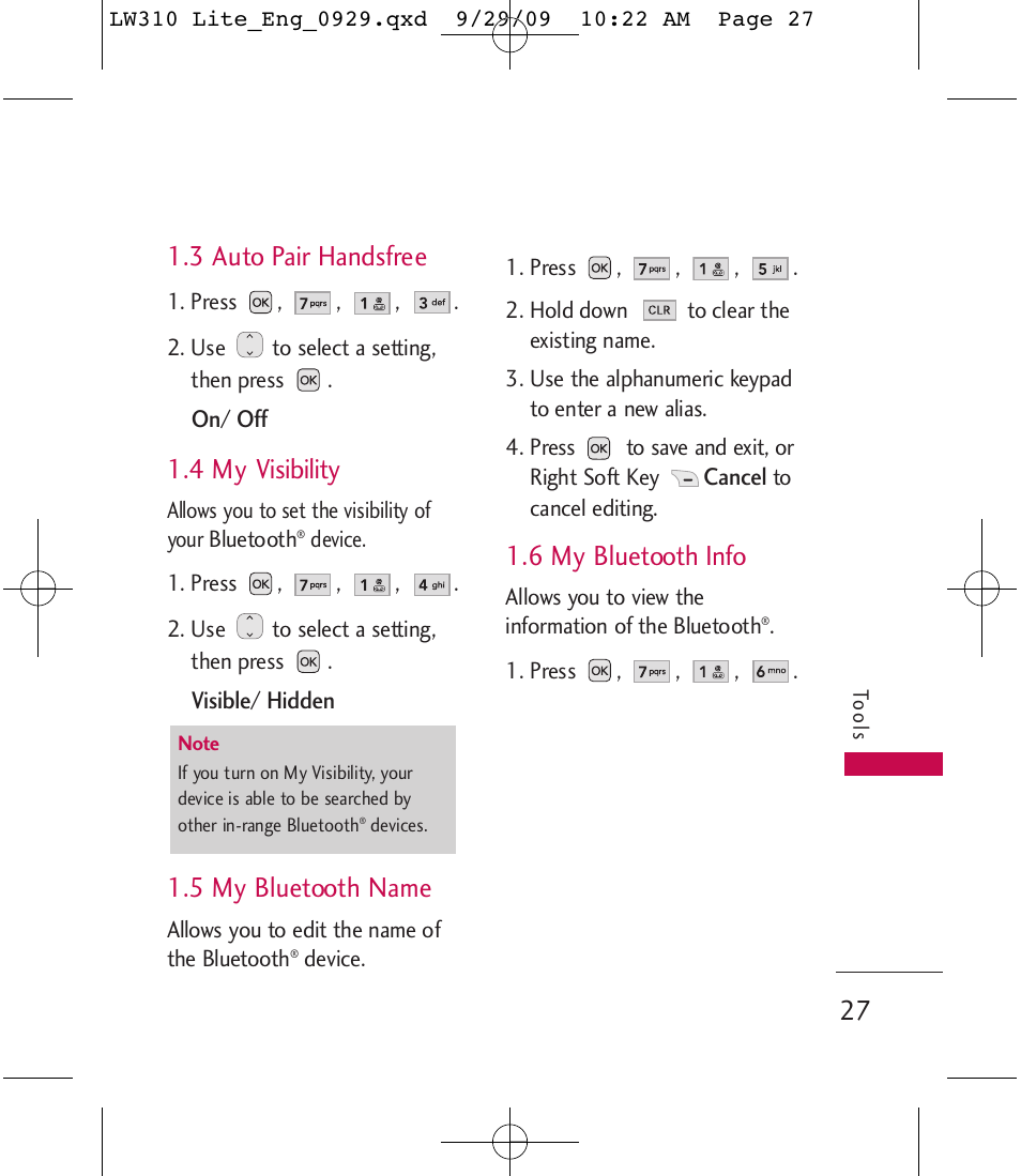 3 auto pair handsfree, 4 my visibility, 5 my bluetooth name | 6 my bluetooth info | LG LGLW310 User Manual | Page 27 / 68