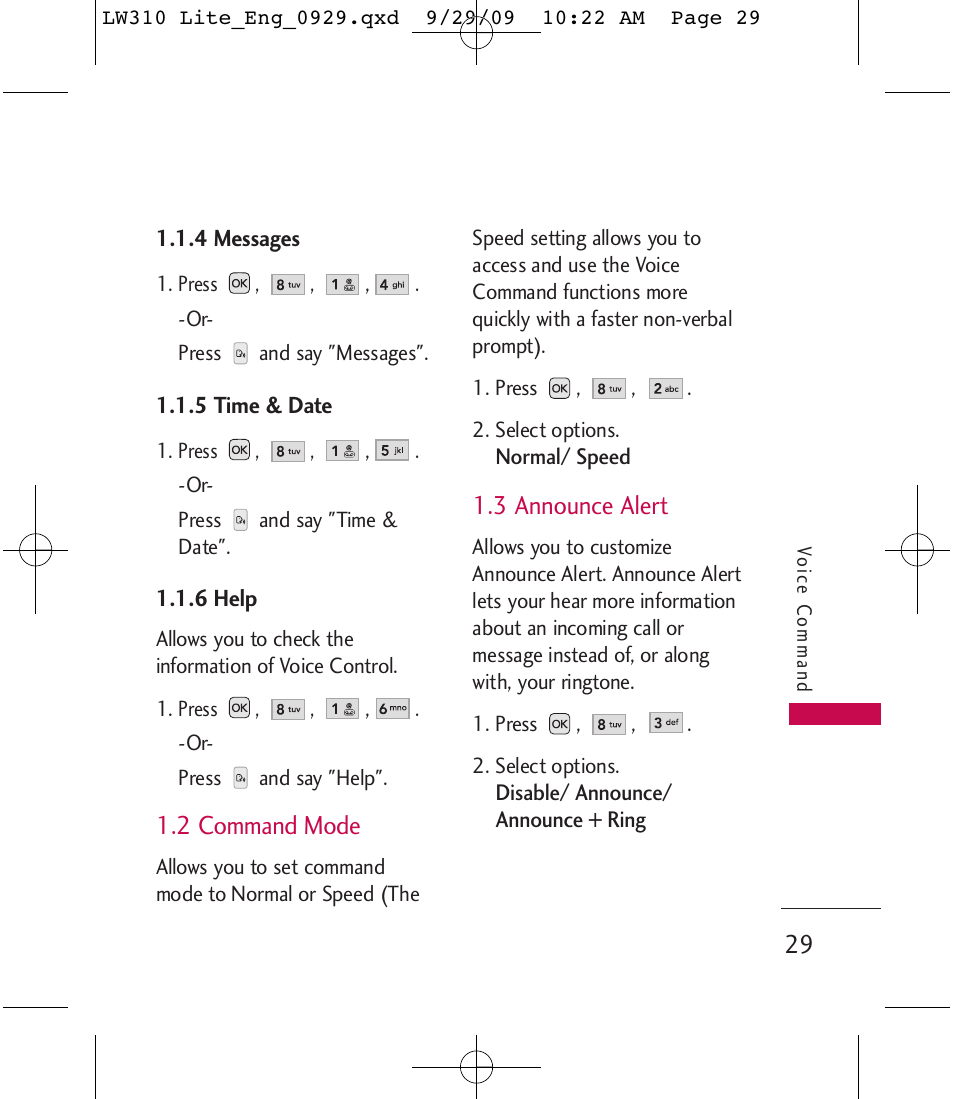 2 command mode, 3 announce alert | LG LGLW310 User Manual | Page 29 / 68