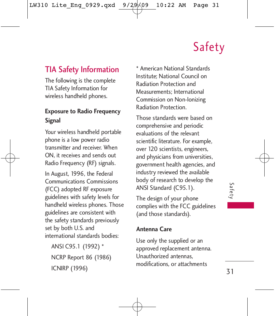 Safety, Tia safety information | LG LGLW310 User Manual | Page 31 / 68