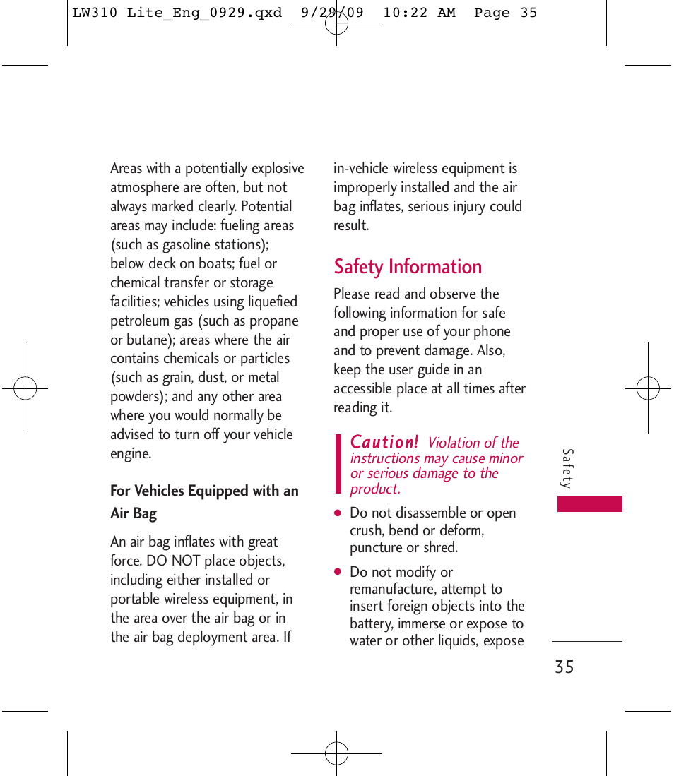 Safety information, Ccaauuttiioonn | LG LGLW310 User Manual | Page 35 / 68