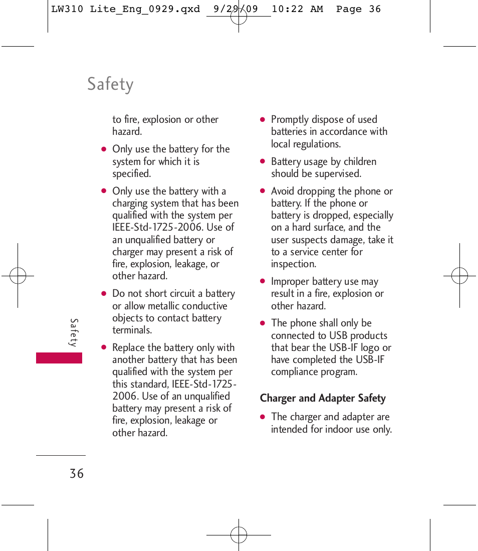 Safety, Charger and adapter safety | LG LGLW310 User Manual | Page 36 / 68