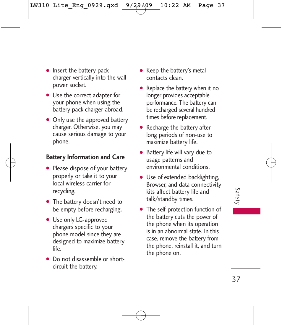 Battery information and care, Do not disassemble or short- circuit the battery, Keep the battery’s metal contacts clean | LG LGLW310 User Manual | Page 37 / 68