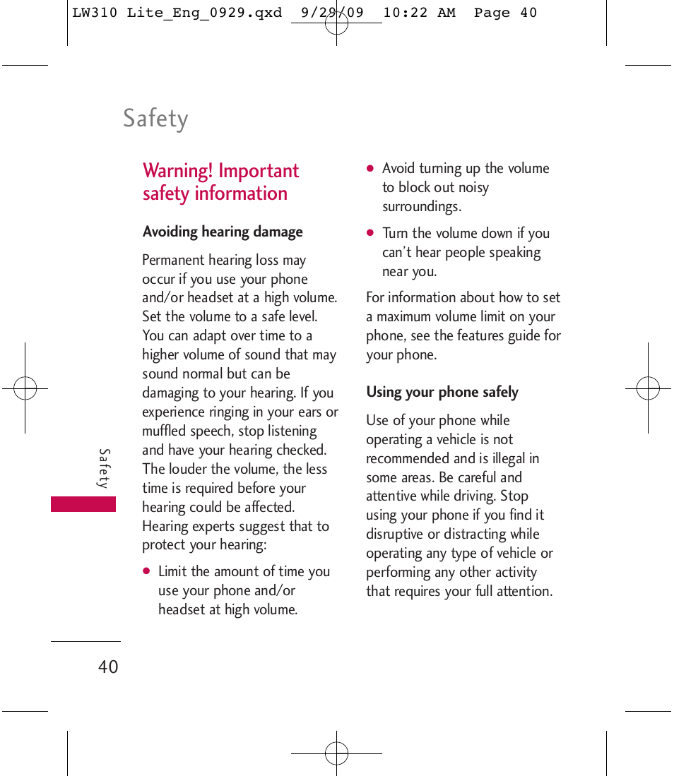 Safety, Warning! important safety information | LG LGLW310 User Manual | Page 40 / 68